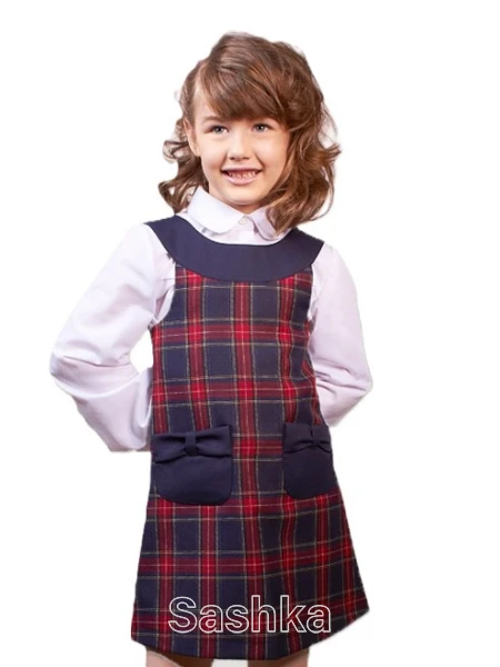 Сарафан для дівчинки шкільний червоно-синя клітинка (напіввовна), розмір 116-146